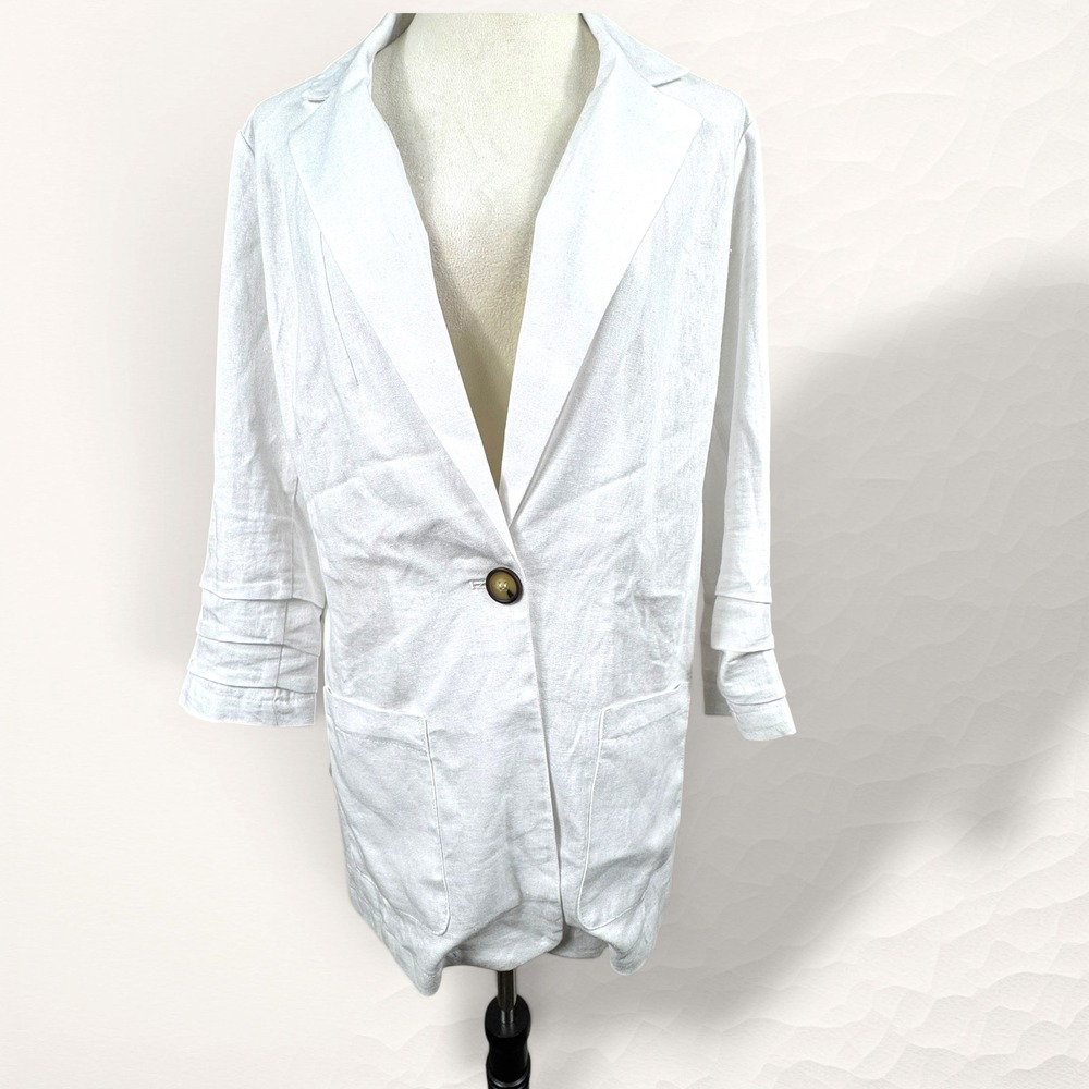 Halston Linen‎ Blend Blazer Womens Medium White Coastal One Button Quiet Luxury